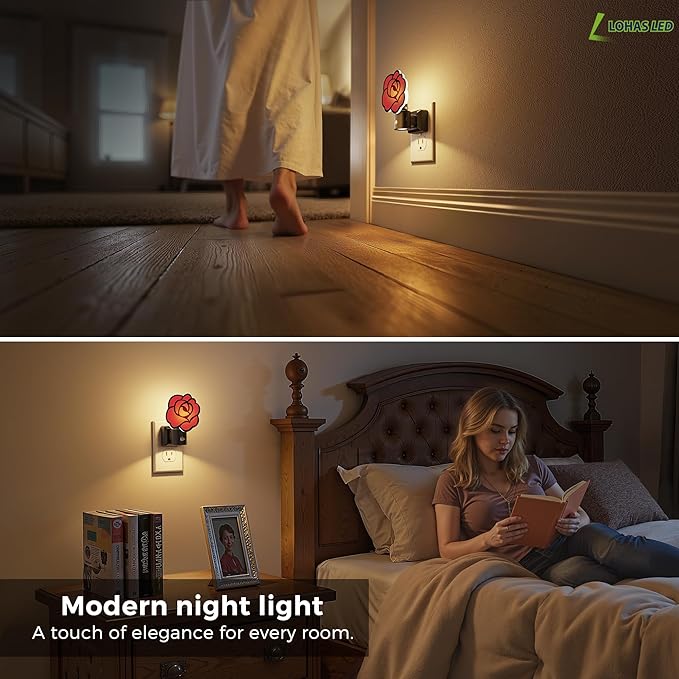 L LOHAS LED Night Lights Plug into Wall, Gothic Rose Night Light with Light Sensor, 0-100LM Dimmable Night Light, 1W 3000K Soft White for Adults Kids Room Bedroom Bathroom Hallway