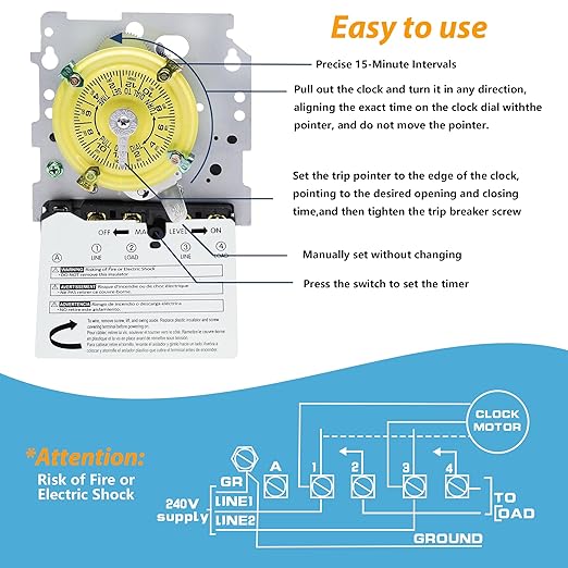 T104M Mechanical Time Switch,208-277 VAC 5HP 40A DPST Time Switch,24 Hour 12 ON/Off,Mechanism Only,Heavy Duty Electromechanical Outdoor/Indoor Timer for Pool Pump and Water Heater Lighting