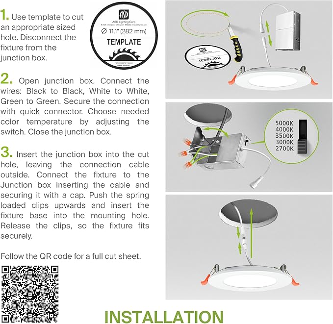 ASD 4 Pack 11/12 Inch LED Recessed Lighting 24W, 5 CCT 2700K-5000K CRI90+, IC Rated Ultra Thin Dimmable Ceiling Lights with J Box, Canless Wafer Downlight, Round Slim Panel Light, UL Listed, White