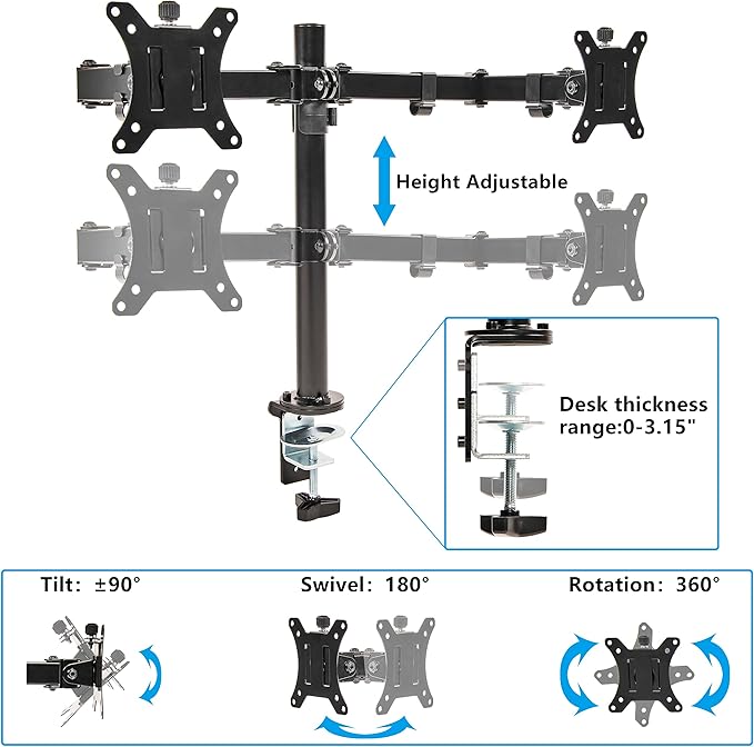 Elevon Dual Monitor Stand for 13-32 inch Computer Screens, Full Adjustable Two Screen Computer Monitor Arm, VESA Mount with C-Clamp/Grommet Base