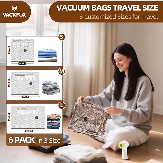 VACKFOX Travel Vacuum Storage Bags with Rechargeable USB Pump, 6 Pack Carry-On Size Compression Packing Bags for Luggage and Suitcase, Space Saver for Clothes and Clothing Travel