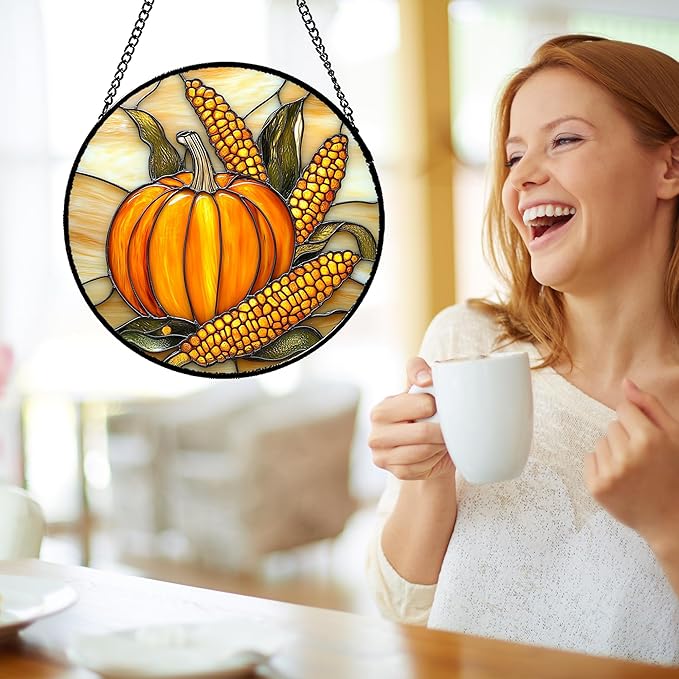 DASTOLL Stained Glass Window Hanging Autumn Harvest Pumpkin Corn 9.8" - Suncatcher Door Garden Kitchen Sunroom Sun Catcher Fall Home Decor Birthday for Mom Grandma Men Woman