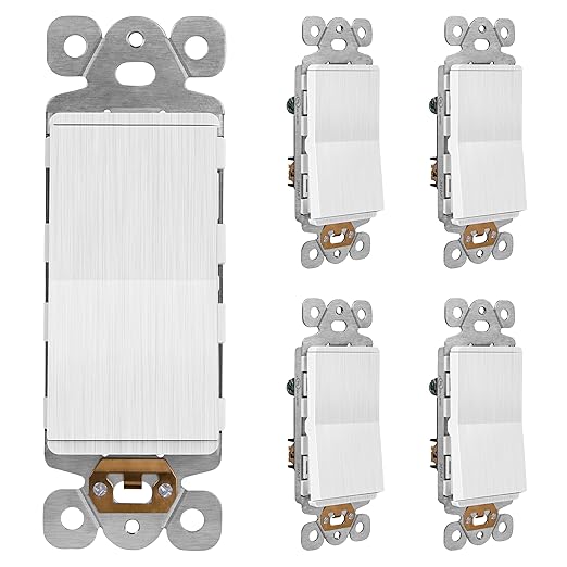 LIDER Brushed White Minimalist Design Decorator Switch, Frameless Paddle Wall Light Switch, On/Off Rocker Switch, 3-Way or Single Pole, Residential Grade, UL Listed, 3 Wire, 15A 120-277VAC, 5 Pack