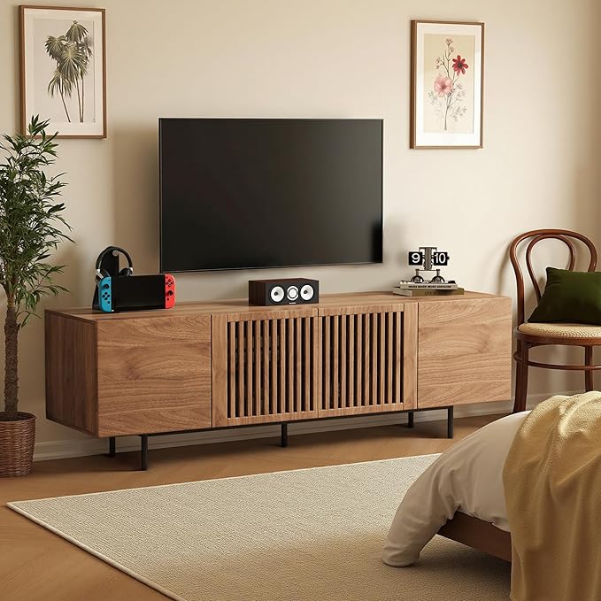 Pajiasen 70.87″ Mid Century Modern Walnut TV Stand with Grille Doors, Storage Cabinets,Entertainment Center for TVs Up to 80",Media Console for Living Room or Bedroom