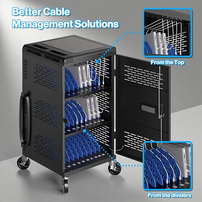 4 Pack | Fully Assembled 30 Bay Multi Device Charging Station for Chromebook,iPad,14'' Laptop,Pre Built Computer Charging Cart with Charger Cable Management,Circuit Breaker,Grounding Protection(Black)