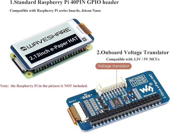 2.13inch E-Ink Display HAT V4 Version, Black/White Two-Color 250x122 Pixel E-Paper Module for Raspberry Pi 5/ 4B/3B+/3B/2B/A+/Zero W/WH/Zero 2 W/Jetson Nano SPI Interface, Support Partial Refresh