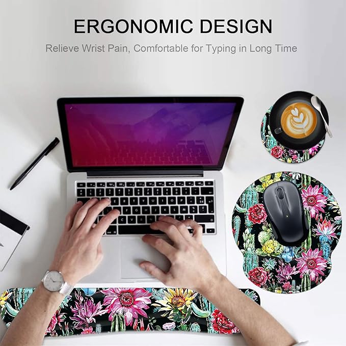 Keyboard Wrist Rest and Mouse Pad Wrist Support Set with Coasters,Non-Slip PU Base Ergonomic Gaming Mousepad for Home Office Working Studying Easy Typing & Pain Relief,Cactus