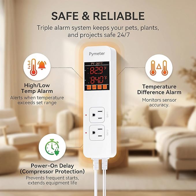 Pymeter Digital Temperature Controller Dual Probe Reptile Thermostat Controlled Outlet for Terrarium Heat Mat Heating Pad, Switch Cooling Fan Freezer Fridge ON & Off at Setpoints 10A 1200W