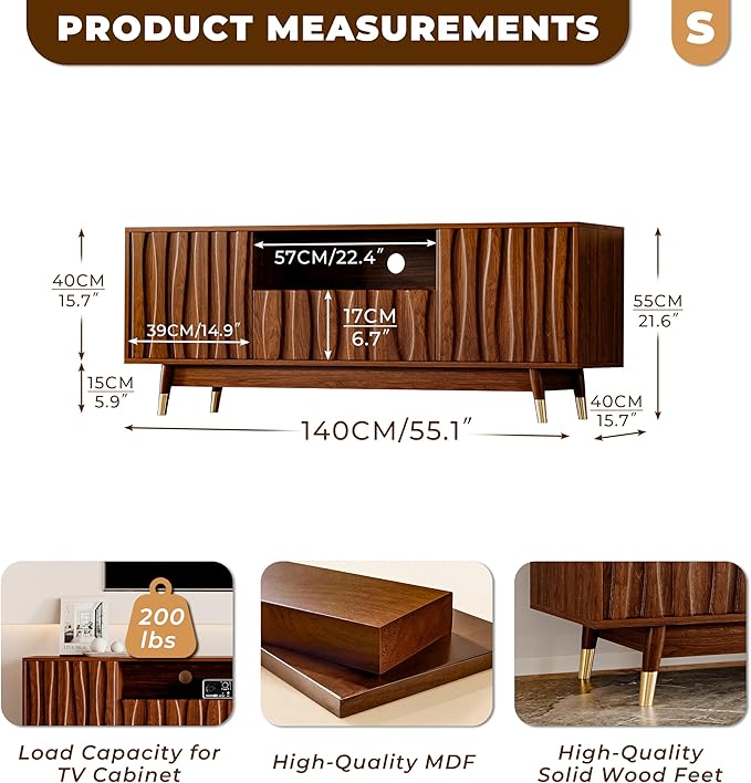 ATJafurn 55‘’ Brown Walnut Finish TV Stand for 32/43/55 Inch TVs, Mid Century Modern Wood Media Console Entertainment Center with Drawer and 2 Cabinets for Living Room Bedroom