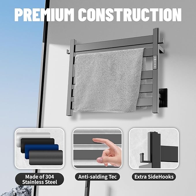 K&KALONZO Towel Warmer for Bathroom, Wall-Mounted 5-Bar Heated Towel Rack with Built-in Timer, Waterproof Electric Towel Heater, Support Plug-in and Hardwired, Matte Black, EL18S