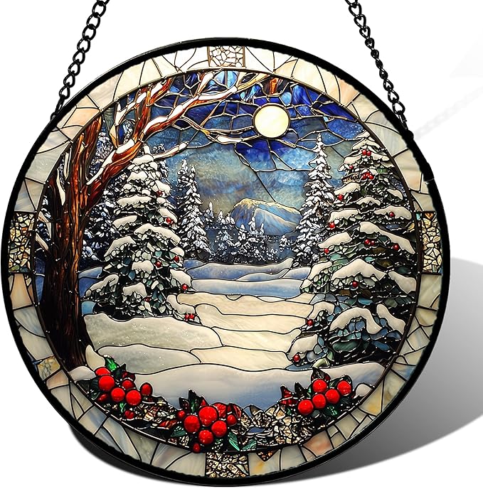 DASTOLL Stained Glass Window Hanging Christmas Tree Winter Snow Night Scenery Large 14.9" - Suncatcher Door Garden Kitchen Sun Catcher Home Decor Birthday for Mom Men Woman Friend