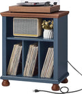 Joaxswe Record Player Stand with Charging Station Up to 200 Albums, 24" Wide Mid-Century Record Player Table with Vinyl Record Storage,Large Wood Turntable Stand Dispaly Cabinet for Living Room,Blue