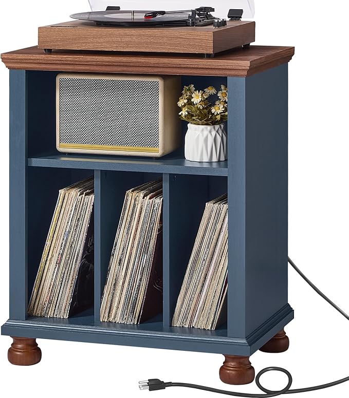 Joaxswe Record Player Stand with Charging Station Up to 200 Albums, 24" Wide Mid-Century Record Player Table with Vinyl Record Storage,Large Wood Turntable Stand Dispaly Cabinet for Living Room,Blue