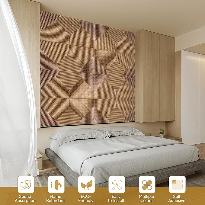 Autorific Acoustic Wall Panels,6 Pack Total Size 72 x 48 Inches,Self-Adhesive Decorative Acoustic Panels for Wall and Ceiling,3D UV Printing with Wood Look,Beech
