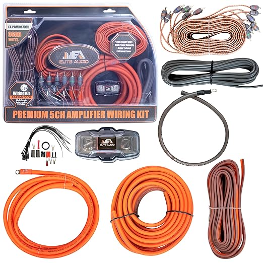 Elite Audio Premium Series Amp Kit Copper Clad Aluminum Wire, Triple-Shielded RCA Cables, High-Power Capacity, ANL Fuse Holder, Car Amplifier Install Kit (0 Gauge (5-Channel))