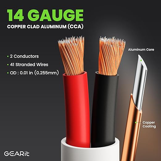 GearIT 14/2 Speaker Wire (100 Feet) 14 Gauge (Copper Clad Aluminum) - Fire Safety in Wall Rated Audio Speaker Wire Cable / CL2 Rated / 2 Conductors - CCA, 100ft