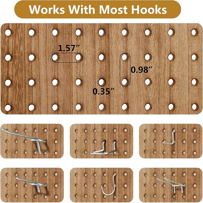 Asnefeli Pegboard Display Room Divider with 16 Hooks, 4 Panel 5.6Ft Wood Room Divider Folding Privacy Screen, Portable Freestanding Wall Organizer for Retail Craft Art Display Board, Natural