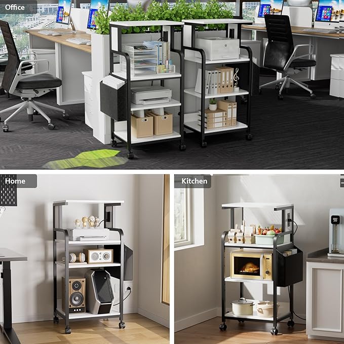 DongRong Tall Printer Stand with Storage Adjustable Shelf and Bag, 4-Tier Large Printer Table with Charging Station for Home Office, Printers Cart with Wheels for 3D Shredder Scanner Fax (White)