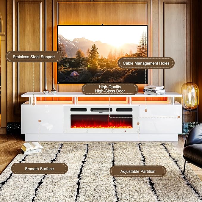 oneinmil 80" Modern Electric Fireplace TV Stand for TVs Up to 90 inch, with Electronic Flame and LED Lights, Luxury High Gloss Finish Entertainment Center, TV Console Cabinet for Living Room, White