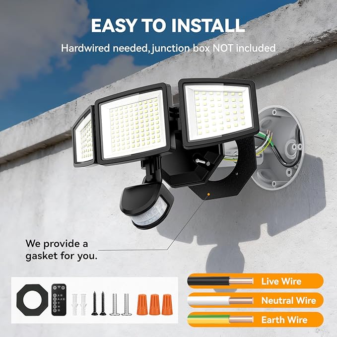 PURICH LED Security Lights Motion Sensor Light Outdoor, 7000LM, 6500K, Waterproof, Flood Light Outdoor Motion Detector with Adjustable 3 Head, Hardwired Wall Light for Entryway, Yard, Garage (2)