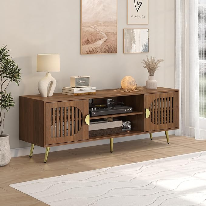 Dorivibe 54.33" Walnut TV Stand for TVs up to 60 Inch, Mid Century Modern Entertainment Center Console Table with Storage Cabinet, Wood Media Furniture for Living Room, Bedroom