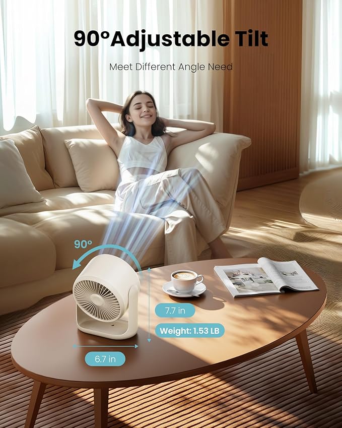 Gaiatop Desk Fan, Touch Control LED Display Small Portable Fans, 5 Speeds Strong Wind, Ultra Quiet Rechargeable 4000mAh Battery Operated Table Desktop for Bedroom, Office (White Beige)