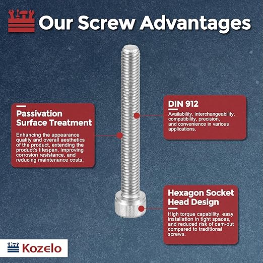 Kozelo 10pcs Socket Head Cap Screws - [M8-1.25 x 65mm] 304 Stainless Steel Allen Socket Drive for Electrical Motor 3D Printing Fan Engine Replacement Use, Silver