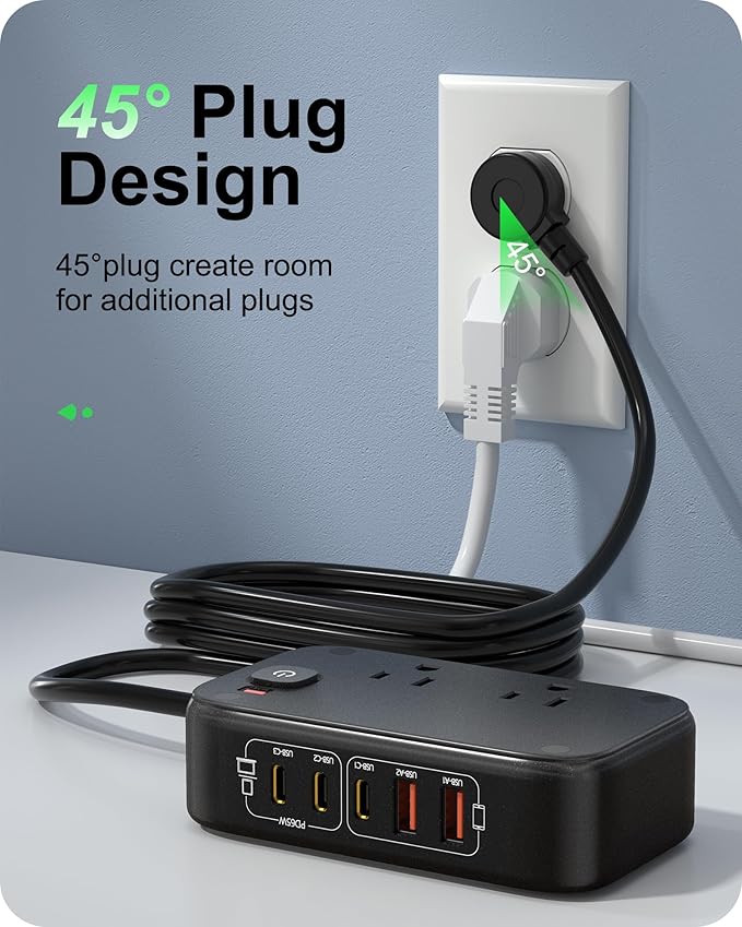 KWRNVO 7-in-1 Power Strip, PD GaN 65W USB C Power Strip with 3 USB-C, 2 USB-A Ports and 2500W AC Outlet, Flat Plug Essentials for Home/Office/College/Travel (Pearl Black, 65W)