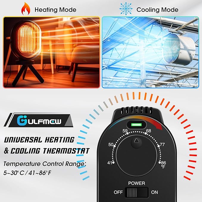 Plug in Thermostat for Heater, Thermostat Plug Outlet with 4.9FT Power Cord, Heating and Cooling Thermostats Outlet with Temperature Probe for Space Heater, Greenhouse Fan(Black,1 Pcs)