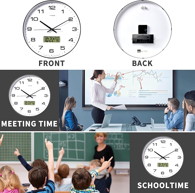 TIMESS Wall Clock, 14" Large Dial Non-Ticking Silent Battery Operated Analog with LCD Display for Perpetual Calendar and F° Temperature, Ideal Modern Home, Bedroom, Office Decor (Black)