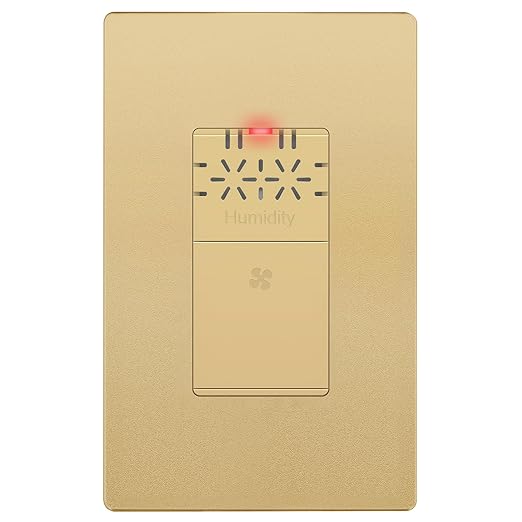 LIDER No Neutral Wire Required Humidity Sensor Switch, Automatic Humidity Detection, Air Circulator, Bathroom Fan Automated Control, Adjustable Timing, 1-Pole, Gold, Screwless Wall Plate Included