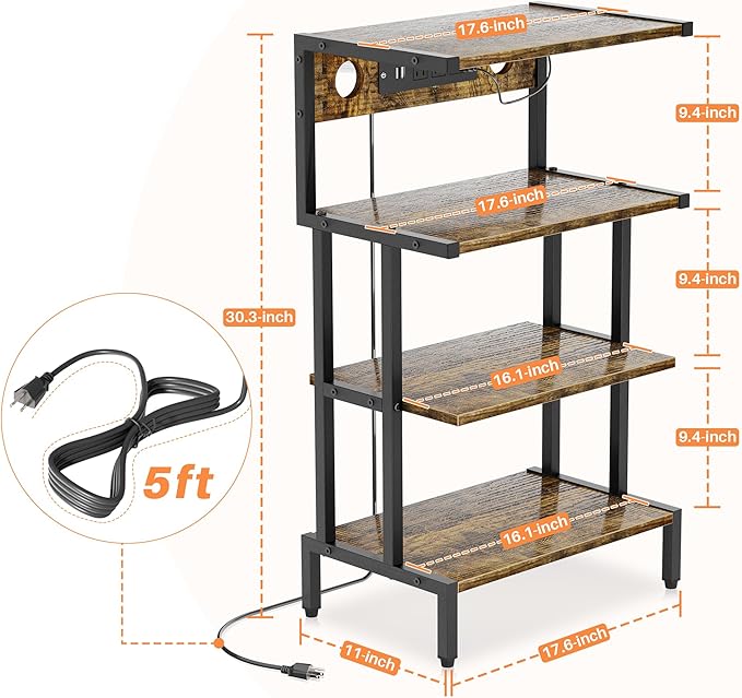 Aquzee Video Game Console Shelf, Stereo Racks - Media Stand with Outlet & Led Strip Light, 4-Tier Gaming Shelf for PS4 PS5 Xbox Games Organizer, Small Entertainment Center, AV Media Stand for CD DVD