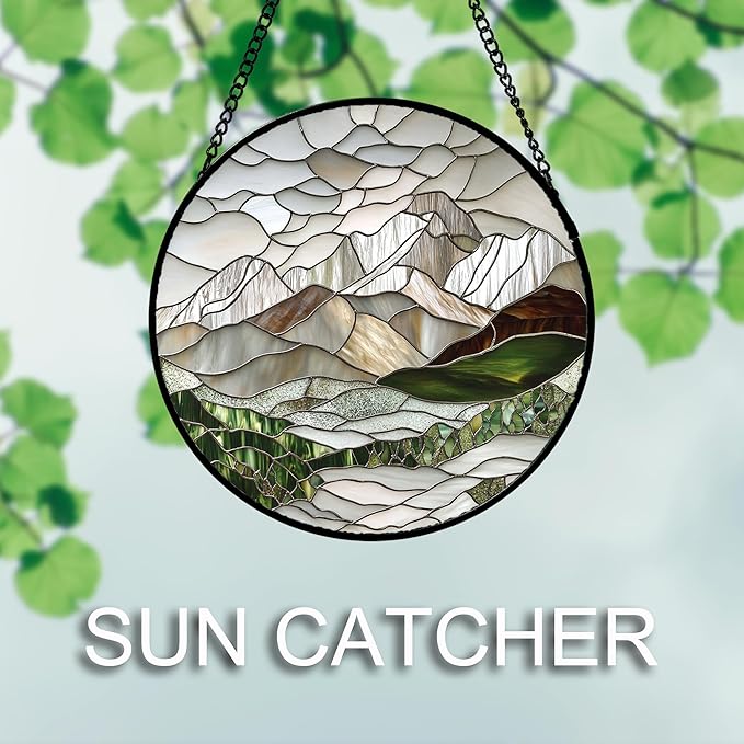 AMDERVEN Stained Glass Window Hanging 4 Pcs Set Mountain River Landscape Large 11.8" - Suncatcher Door Garden Sun Catcher Decor Birthday Mother's Day for Mom Woman Nana Girl Boy Friend