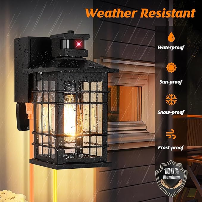 Kondras Motion Sensor Porch Light with GFCI Outlets, 11.4'' Dusk to Dawn Outdoor Wall Light Black, 3 Modes Front Door Exterior Light Fixture Waterproof Outside Light Wall Mount for House Garage