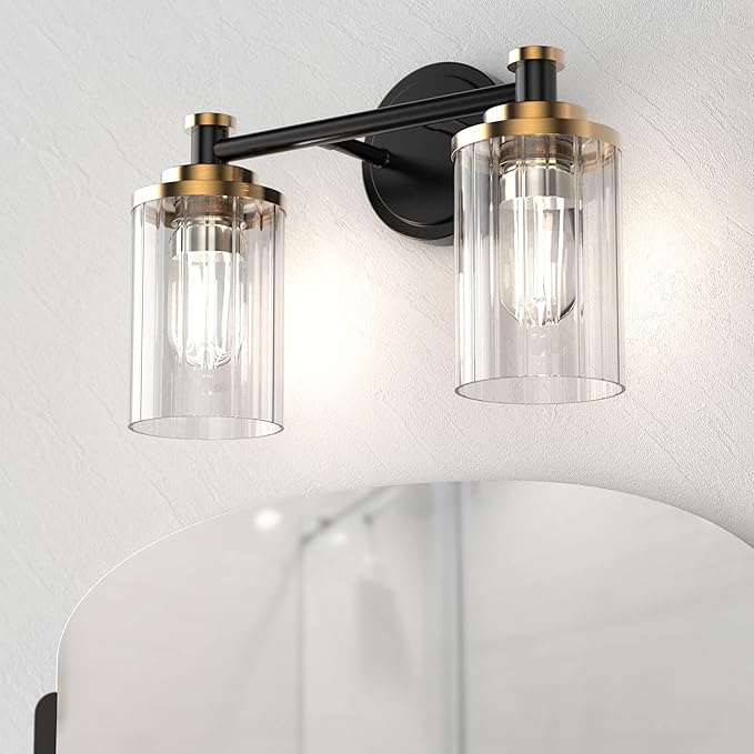 PHIXART Bathroom Lighting Fixtures Black and Gold Bathroom Vanity Light with Cylindrical Clear Stripes Glass Lampshade E26 Socket Base Bathroom Lighting Fixtures Over Mirror (2 Lights)