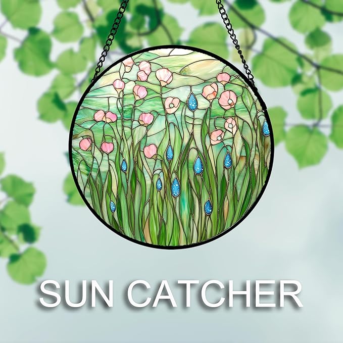 AMDERVEN Stained Glass Window Hanging 4 Pcs Set Pink Green Spring Saplings Flowers Large 11.8" - Suncatcher Door Garden Sun Catcher Home Decor Mother's Day for Woman Nana Mom Men