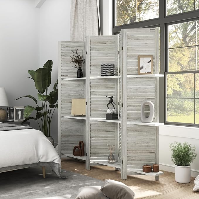 HOMCOM Room Divider, 5 Panel 67" Tall Wood Privacy Screen with 3 Display Shelves, and Folding Storage for Bedroom or Home Office, Distressed White