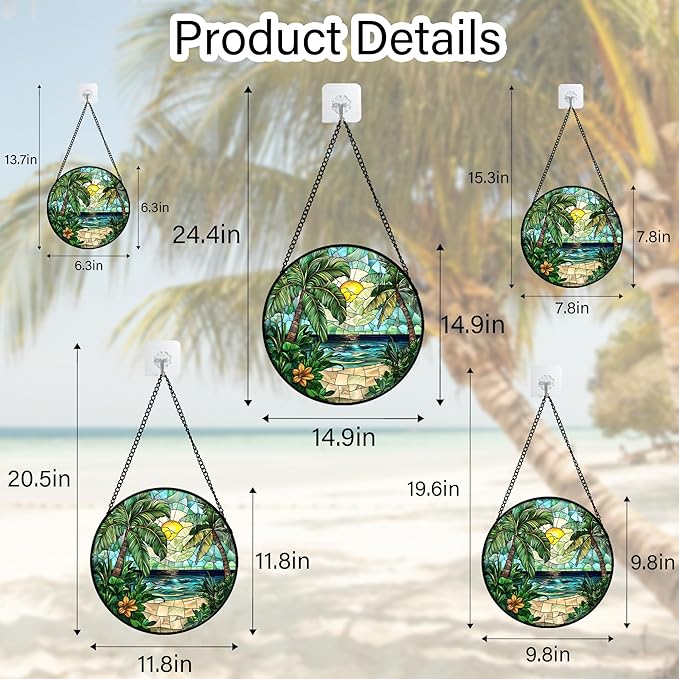 DASTOLL Stained Glass Window Hanging, Green Beach Scenery Suncatcher Diamond Glass Panel Hangings Sun Catchers Decor for Birthday for Women, Men, Wife, Aunt, and Mom 14.9x14.9 in