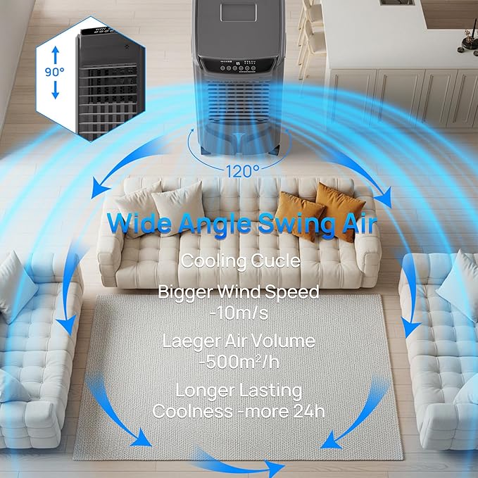 YEW 25" Evaporative Air Cooler,1500CFM Swamp Cooler Air Conditioner with 3.5 Gal Tank,Windowless Swamp Cooler with Remote,3 Speeds, 12H Timer,Fans that Blow Cold Air for Bedroom Indoor Office
