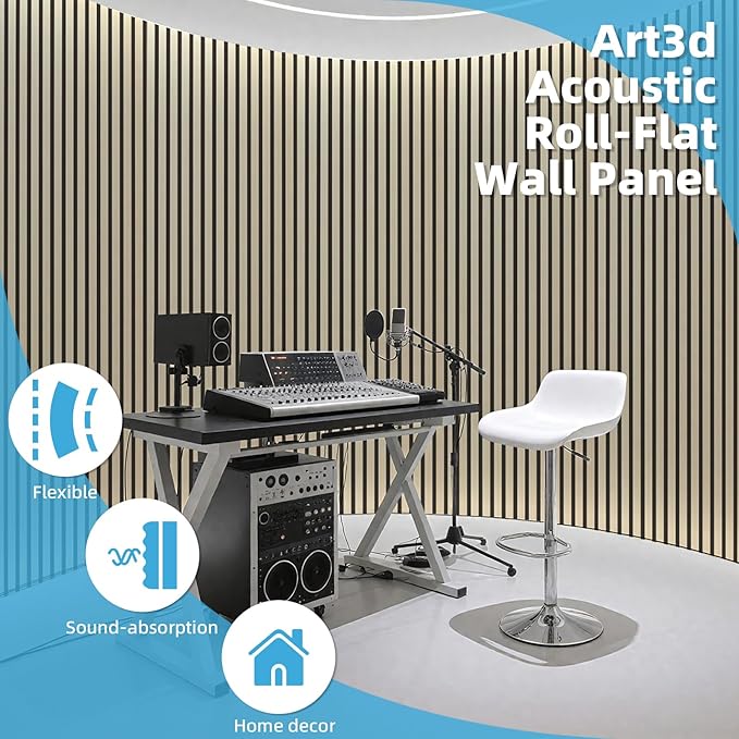 Art3d 1-Pack Acoustic Wood Slat Wall Panel with Roll-Flat Design - 95.3 x 23.8 Inch Sound Absorbing Panels for Living Room Columns Corridor Curved Wall Decor, Oak