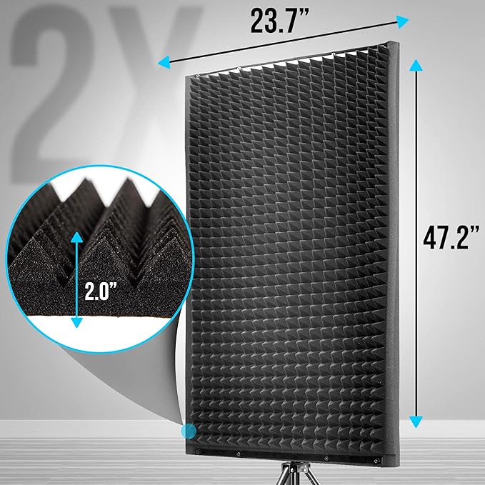 Sound Wall Panel Studio Foam - Acoustic Isolation Absorber Shield and Dampening Wedge with Height Adjustable Stand, Includes Tripod Base Stand, 2 Pack - Pyle PSIP24X2