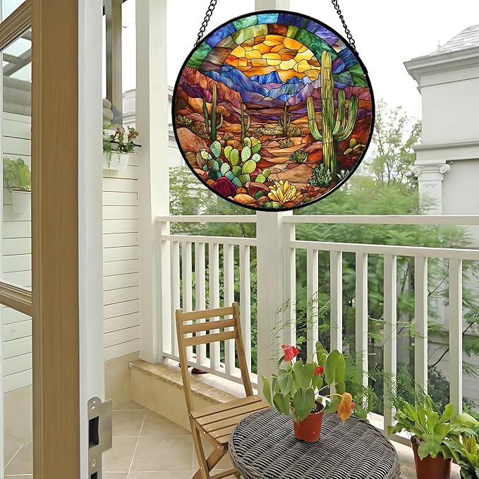 CRISGIF Stained Glass Window Hanging Cactus Mountains Landscape 9.8" - Suncatcher Door Garden Sunroom Sun Catcher Home Decor Birthday Christmas for Mom Men Woman Nana