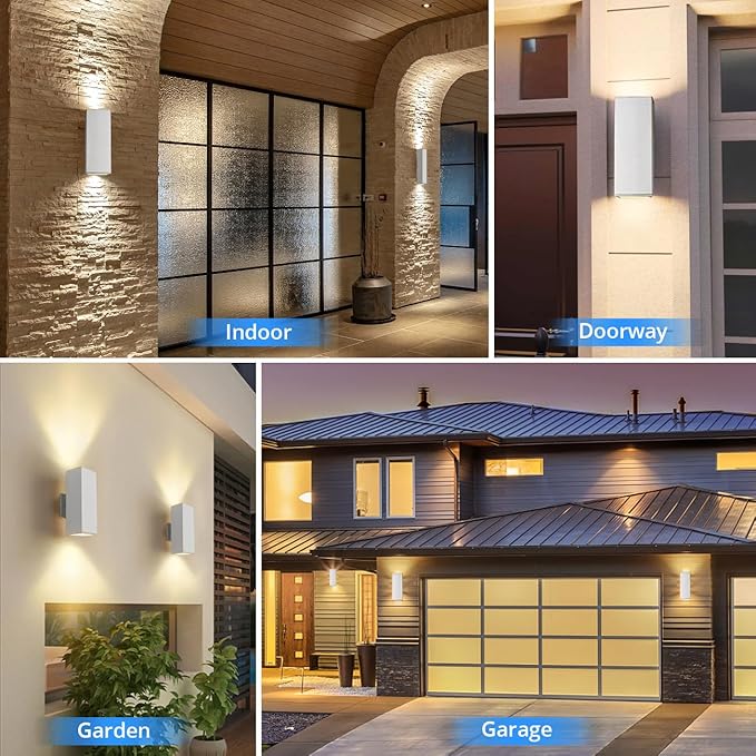 wowlite Modern Porch Lights Outdoor Wall Sconce, White Dust to Dawn Outdoor Lights, 13" Waterproof Square Exterior Lighting Fixtures, Aluminum Up and Down Light for House Garage Front Door, ETL Listed