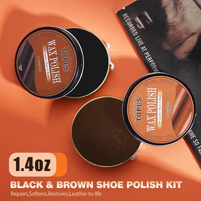 TOPUS Valentines Day Gifts Shoes Polish Kit, 3 Pieces Horsehair Brushes in 6.7in Handle, 1.4oz Black Brown Shoe Polisher