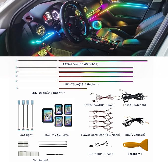 Acrylic Interior Car LED Strip Lights, Colorful 10-in-1 Car Ambient Lighting Kit, with Wireless APP Control, 622 LED Fiber Optic Strip Lights for Cars, Supports Neon Sync with Music DIY Mode