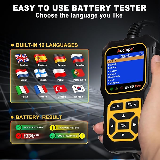 Acclope BT60 Pro Car Battery Tester, Digital Analyzer with Cloud Printing, 100-3000 CCA Range for 6V/12V/24V AGM, Lithium, Gel Batteries, Automotive Charging System
