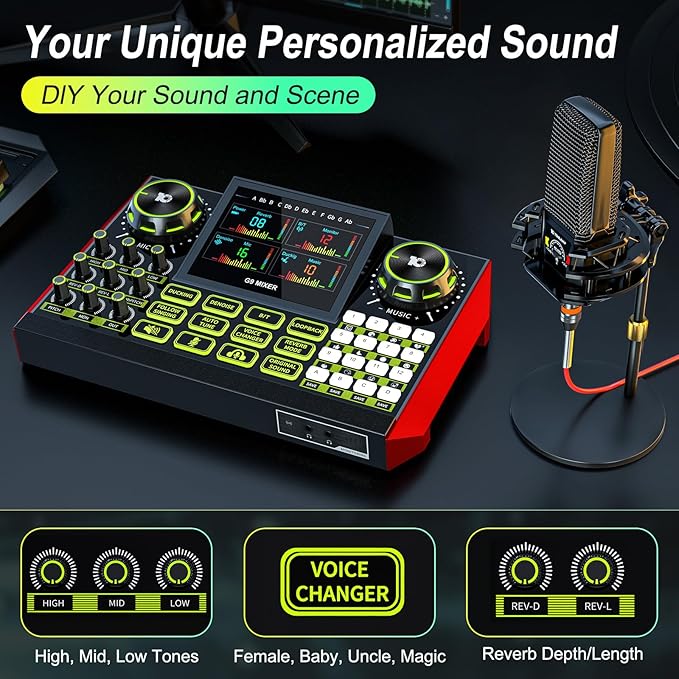 Podcast Microphone Bundle with Live Sound Card Audio Mixer, Podcast Equipment Bundle with 3.5mm Condenser Microphone for Pc/Phone Live Streaming Singing Gaming, Sound Board with Voice Changer, Denoise