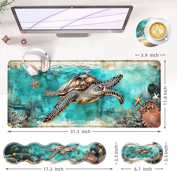 BFUKVOU Large Keyboard Mouse Pad Set, Extended Mouse Pad+Keyboard Wrist Rest Support, Memory Foam Ergonomic Easy Typing, 4Pcs (31.5×11.8 in) Desk Pad Set for Office Home,Watercolor Sea Turtle