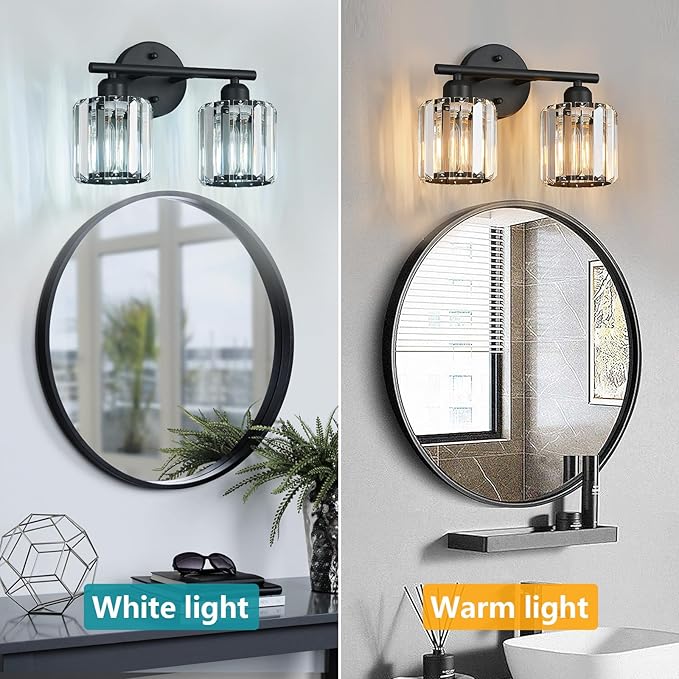 FDPBY Modern 2 Light Crystal Vanity Light, Black Vertical Bathroom Light Fixture Over Mirror for Dressing Table Sink, Compatible with Dimmable Bulbs (Bulbs Not Included)