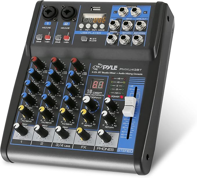 Pyle Professional 4 Channel Audio Mixer with Bluetooth - DJ Sound Board - USB Computer Input - Built-in MP3 Player - 48V Phantom Power - 3 Band EQ - 16-Bit DSP FX - Band, Studio Ready - PMXU43BT